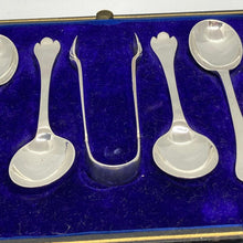 Load image into Gallery viewer, Cased Set Of Six Silver Trefid Coffee Spoons & Sugar Nips Sheffield 1911