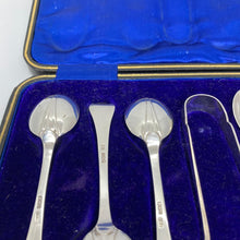 Load image into Gallery viewer, Cased Set Of Six Silver Trefid Coffee Spoons & Sugar Nips Sheffield 1911