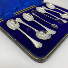 Load image into Gallery viewer, Cased Set Of Six Silver Trefid Coffee Spoons & Sugar Nips Sheffield 1911