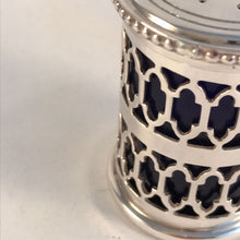 Load image into Gallery viewer, Silver And Blue Glass Salt Cellar And Pepperette Roberts & Belk Sheffield 1977