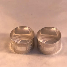 Load image into Gallery viewer, Pair Of Silver Napkin Rings with Striped Pattern and Rectangular Cartouche Birmingham 1944