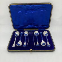 Load image into Gallery viewer, Cased Set Of Six Silver Trefid Coffee Spoons &amp; Sugar Nips Sheffield 1911
