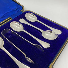 Load image into Gallery viewer, Cased Set Of Six Silver Trefid Coffee Spoons &amp; Sugar Nips Sheffield 1911
