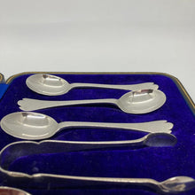 Load image into Gallery viewer, Cased Set Of Six Silver Trefid Coffee Spoons &amp; Sugar Nips Sheffield 1911
