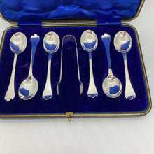 Load image into Gallery viewer, Cased Set Of Six Silver Trefid Coffee Spoons &amp; Sugar Nips Sheffield 1911
