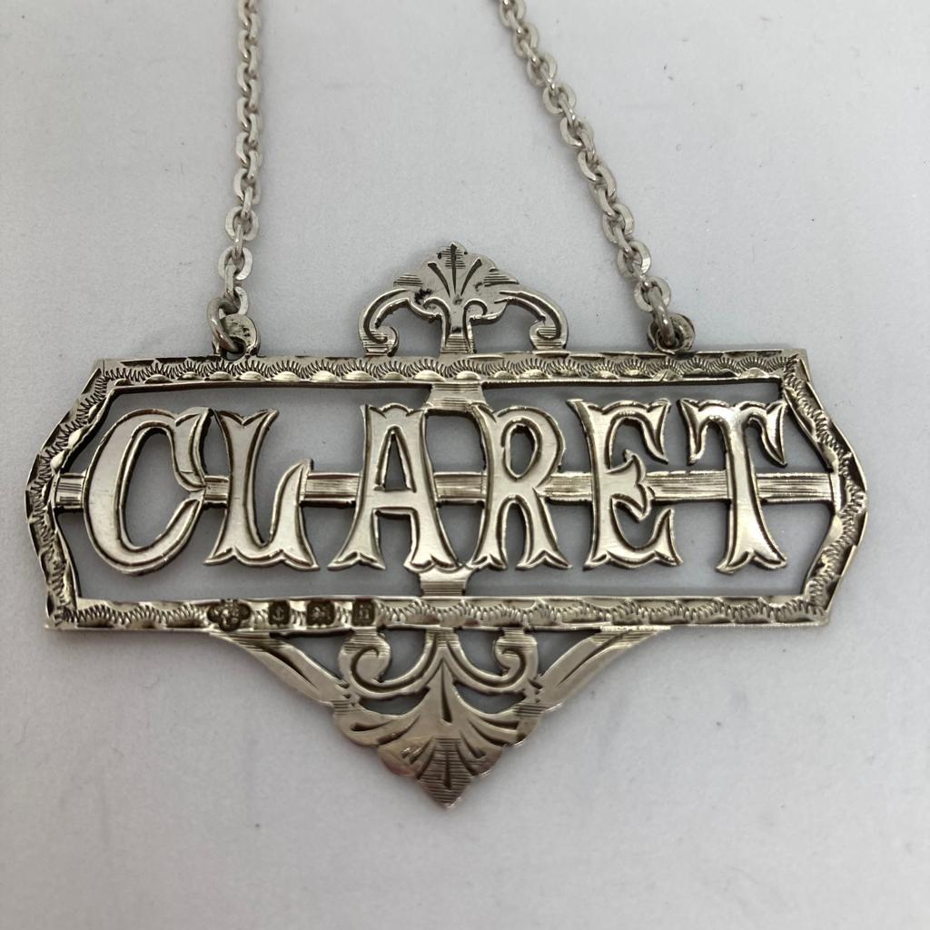 Edwardian Silver Decanter Label / Wine Label Claret Birmingham 1907