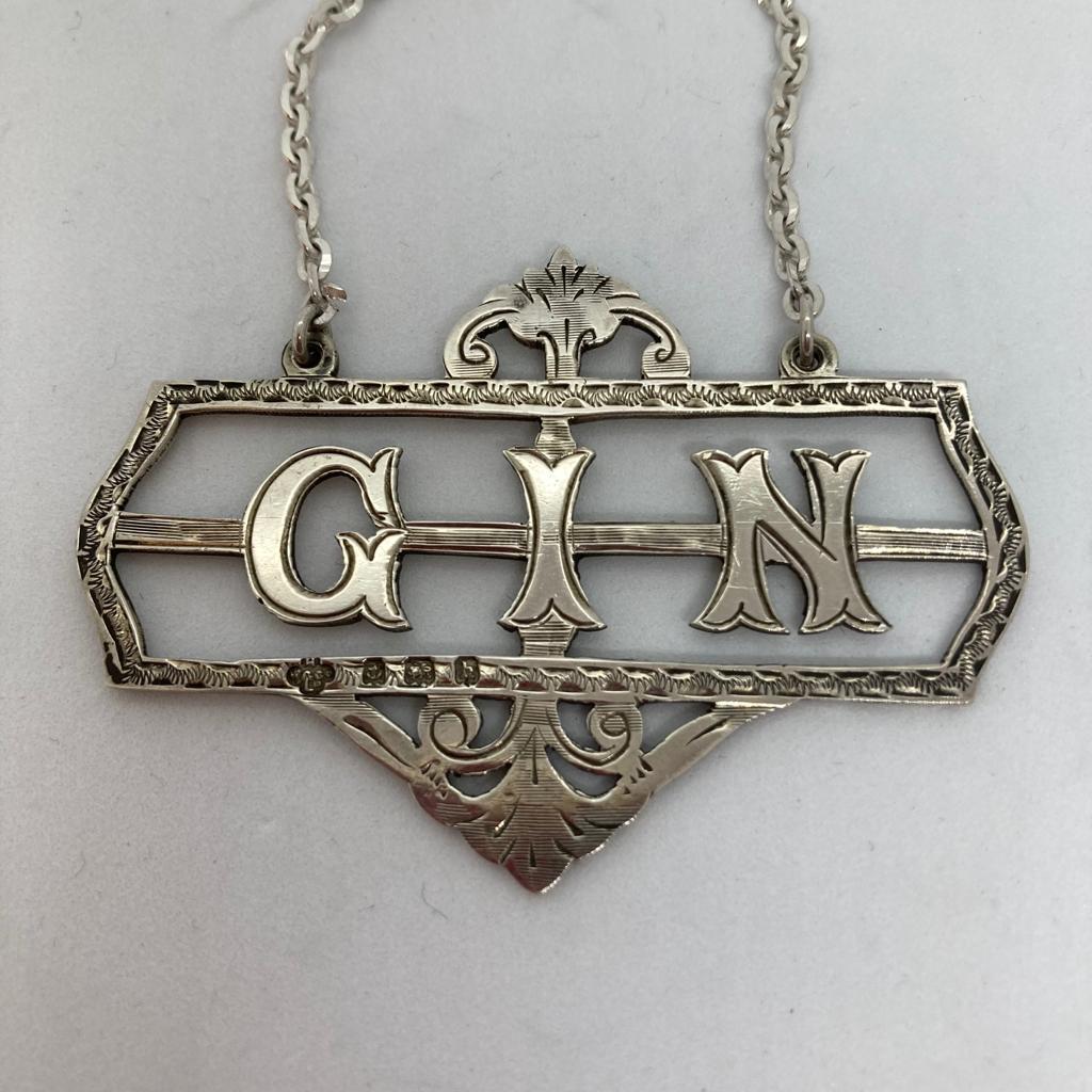 Edwardian Silver Decanter Label / Spirit Label Gin Birmingham 1907