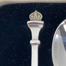 Load image into Gallery viewer, Boxed Set Of Silver Collectors Spoons With Crown Finials And George V Silver Jubilee Hallmark
