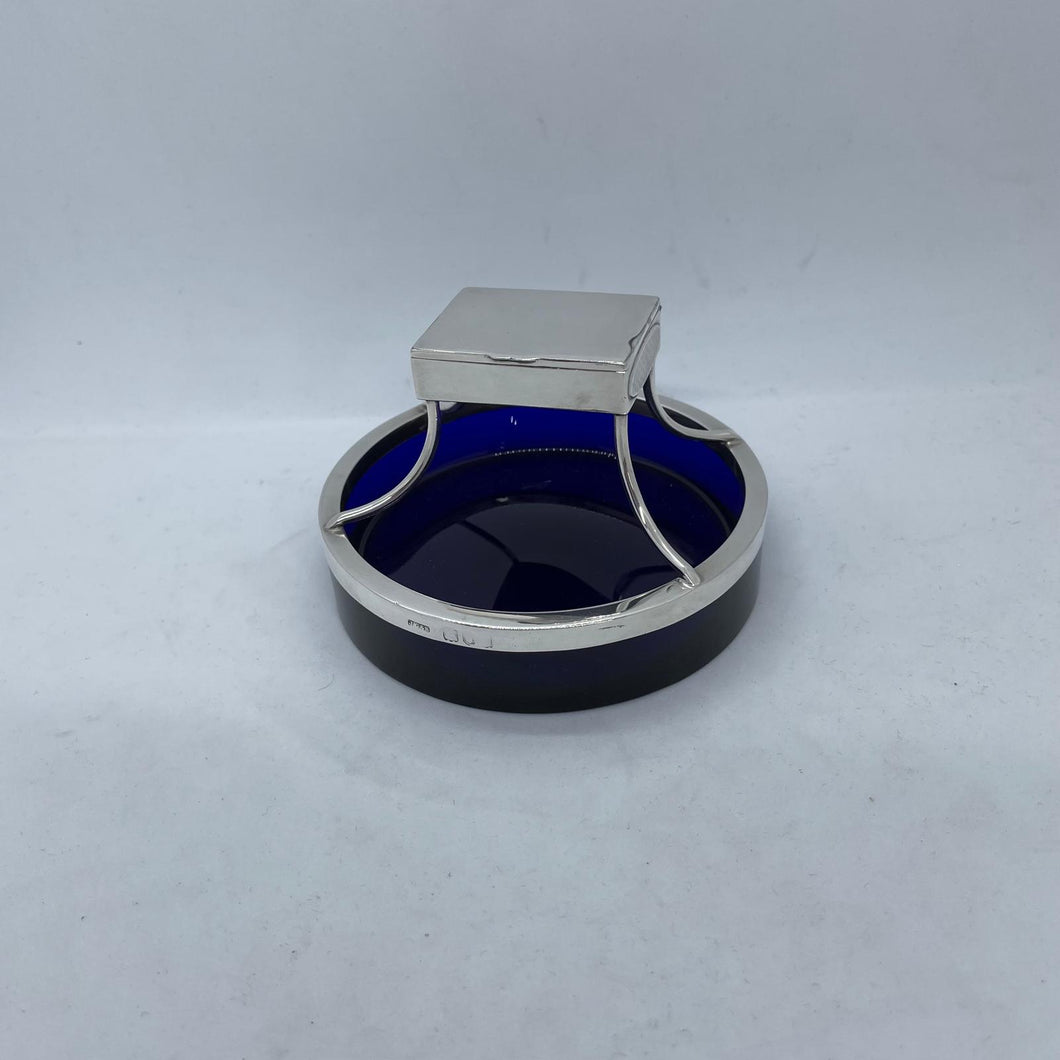 Silver And Bristol Blue Glass Table Vesta / Match Holder