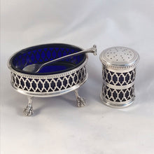 Load image into Gallery viewer, Silver And Blue Glass Salt Cellar And Pepperette Roberts &amp; Belk Sheffield 1977
