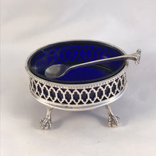 Load image into Gallery viewer, Silver And Blue Glass Salt Cellar And Pepperette Roberts &amp; Belk Sheffield 1977
