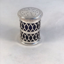 Load image into Gallery viewer, Silver And Blue Glass Salt Cellar And Pepperette Roberts &amp; Belk Sheffield 1977
