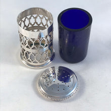 Load image into Gallery viewer, Silver And Blue Glass Salt Cellar And Pepperette Roberts &amp; Belk Sheffield 1977
