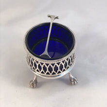 Load image into Gallery viewer, Silver And Blue Glass Salt Cellar And Pepperette Roberts &amp; Belk Sheffield 1977
