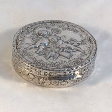 Load image into Gallery viewer, Modern Round Silver Box Embossed With Putti And Cherubs London Import Marks
