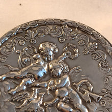 Load image into Gallery viewer, Modern Round Silver Box Embossed With Putti And Cherubs London Import Marks
