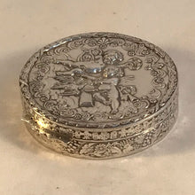 Load image into Gallery viewer, Modern Round Silver Box Embossed With Putti And Cherubs London Import Marks
