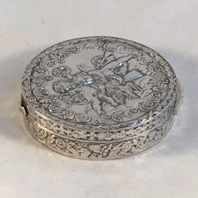 Load image into Gallery viewer, Modern Round Silver Box Embossed With Putti And Cherubs London Import Marks
