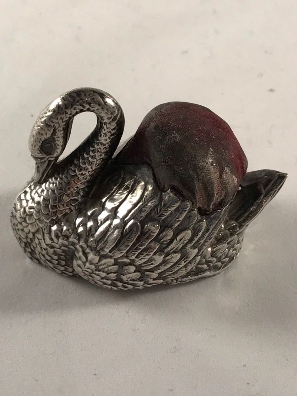 Edwardian Silver Swan Pin Cushion Levi & Salaman Birmingham 1904