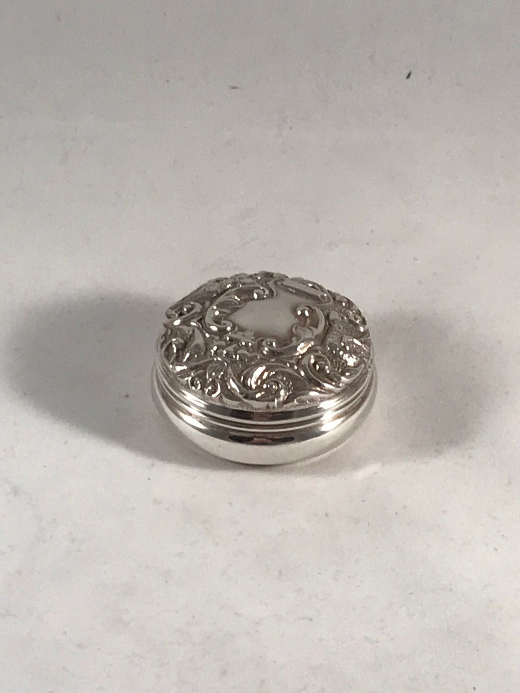 Solid Sterling Silver Large Pill Pot With Embossed Decoration Birmingham 1989