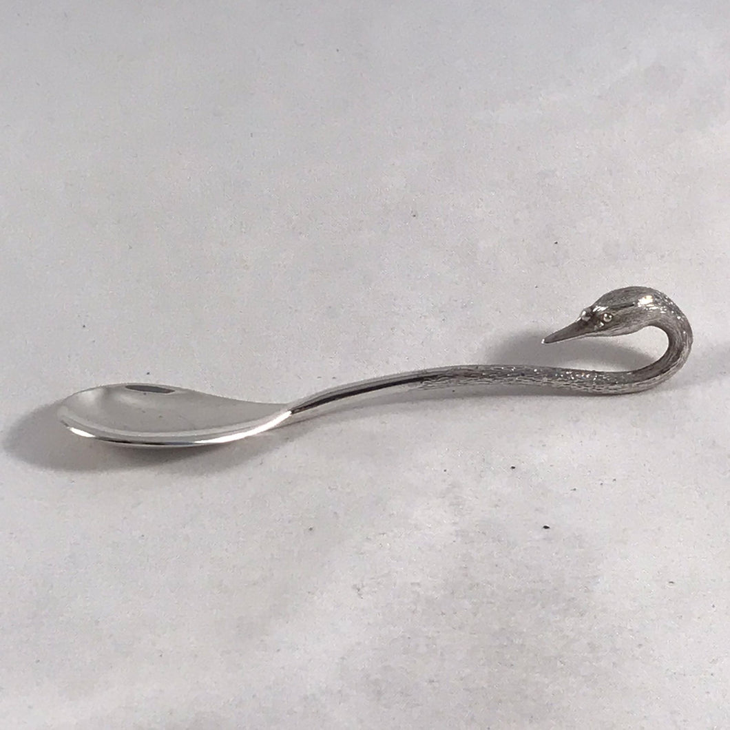 Silver Condiment Spoon With Cast Swan's Head Handle Birmingham 1989